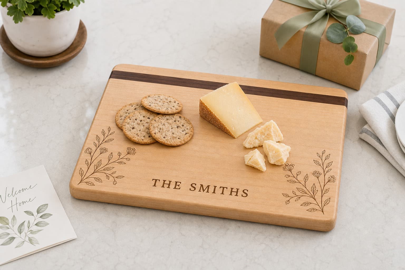 Custom Engraved Maple Gift Board being used in a realistic kitchen setting