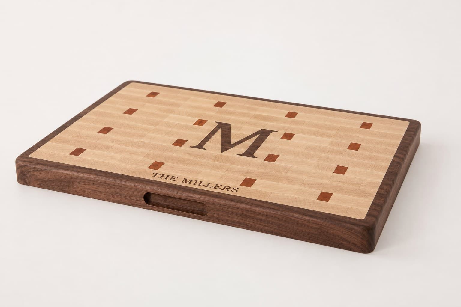 Low side angle showing the thickness and edge profile of Custom Monogram End Grain Heirloom Block