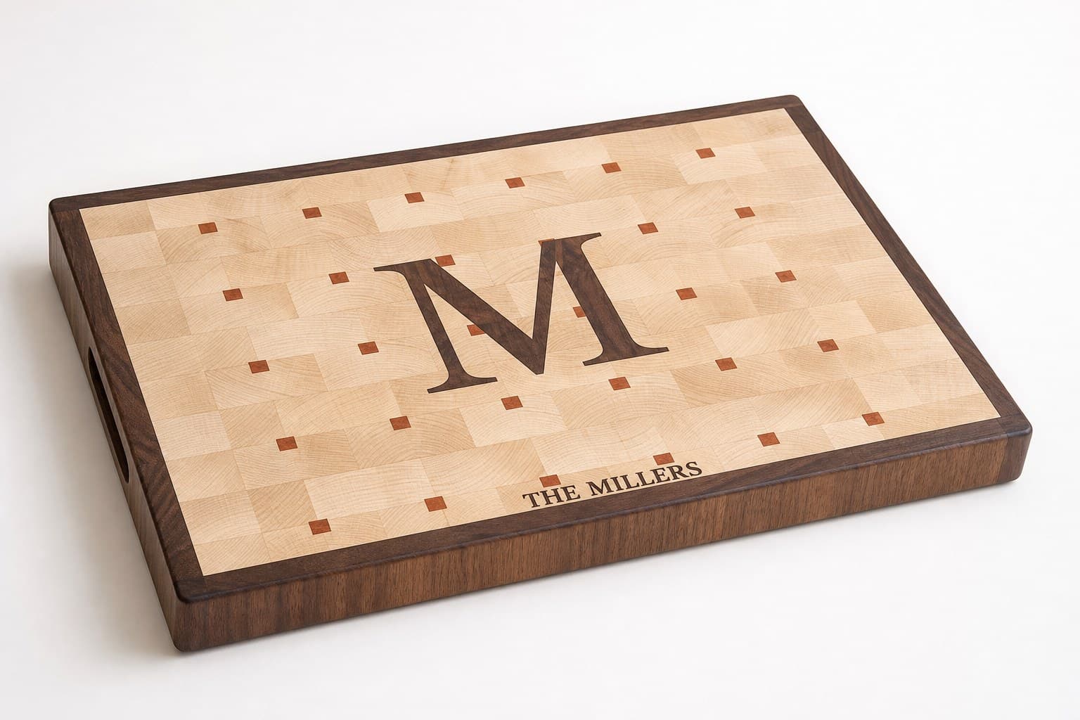 Custom Monogram End Grain Heirloom Block photographed on a warm white product surface