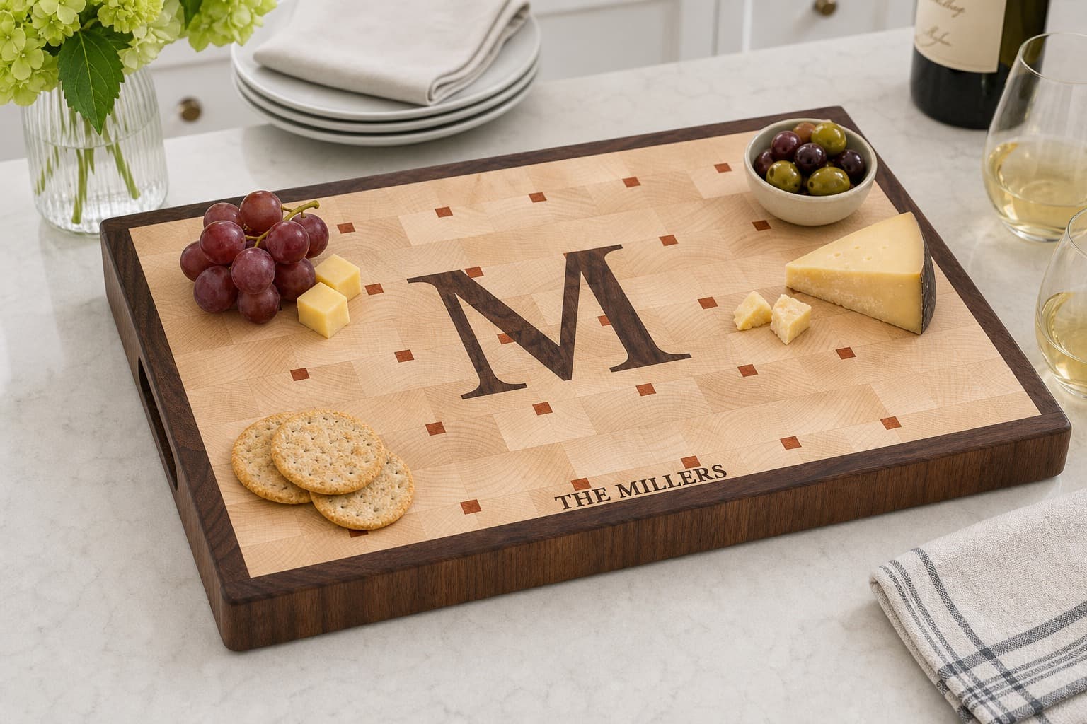 Custom Monogram End Grain Heirloom Block being used in a realistic kitchen setting