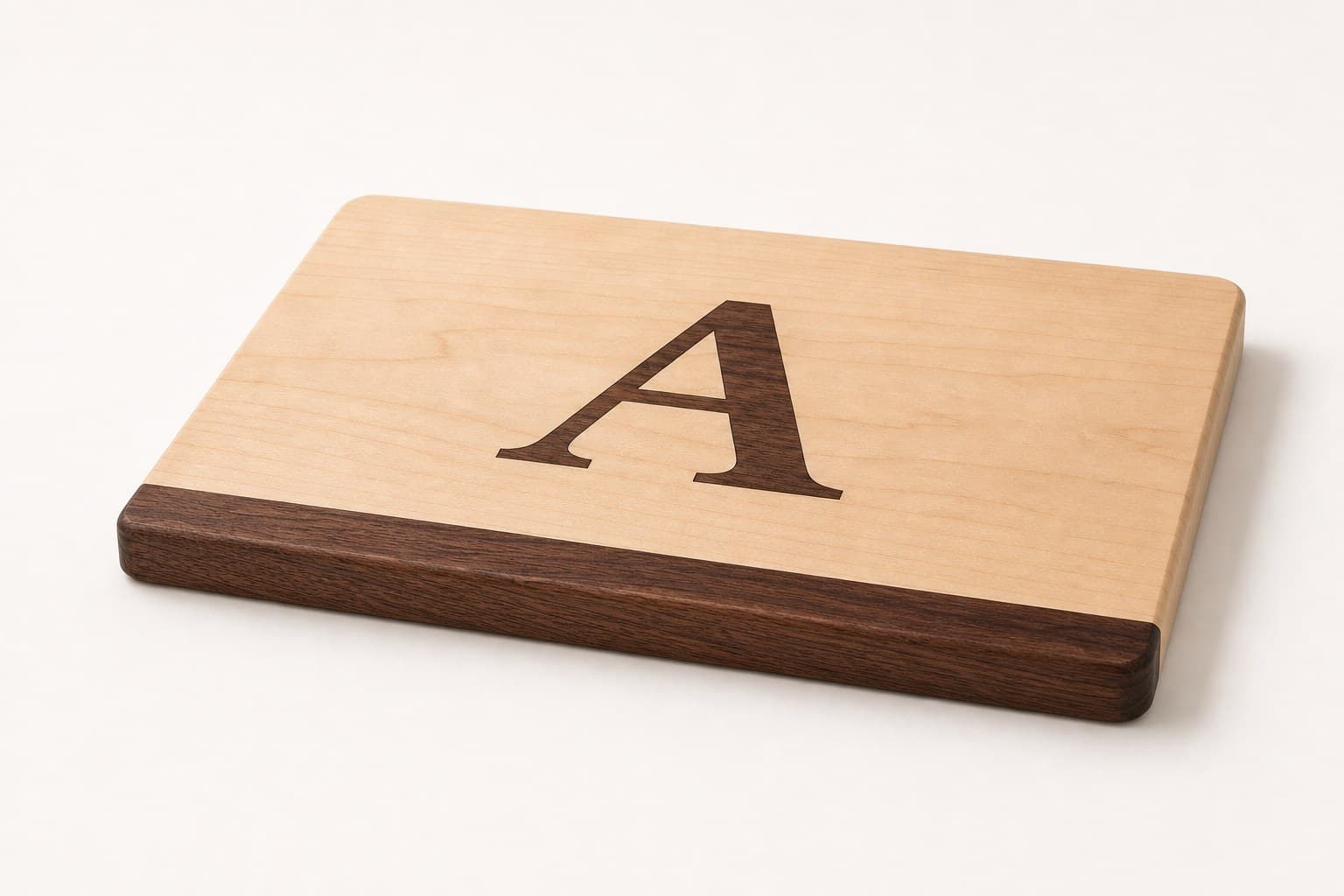 Low side angle showing the thickness and edge profile of Custom Inlay Maple Gift Board