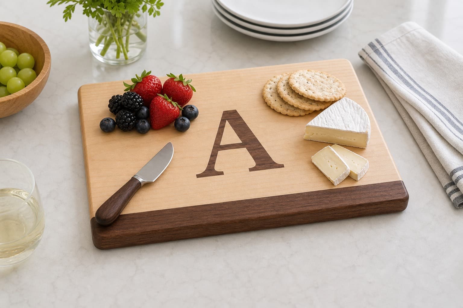 Custom Inlay Maple Gift Board being used in a realistic kitchen setting