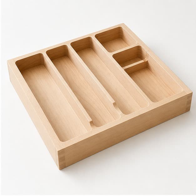 Low side angle showing the thickness and edge profile of Custom Maple Drawer Organizer Insert