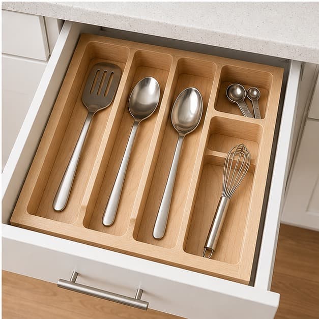 Custom Maple Drawer Organizer Insert being used in a realistic kitchen setting