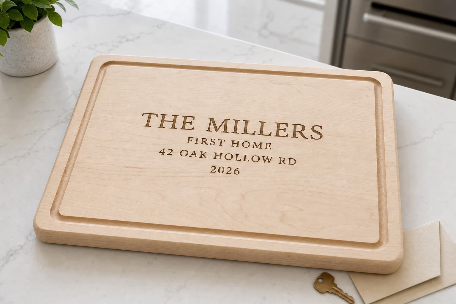 Custom New Home Maple Cutting Board being used in a realistic kitchen setting