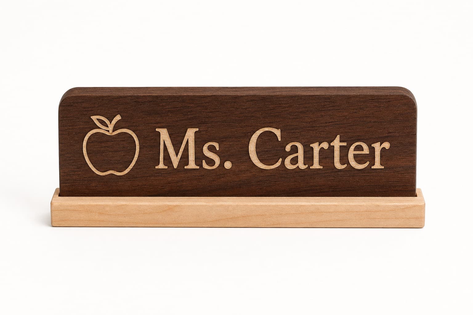 Custom Walnut Desk Name Sign photographed on a warm white product surface