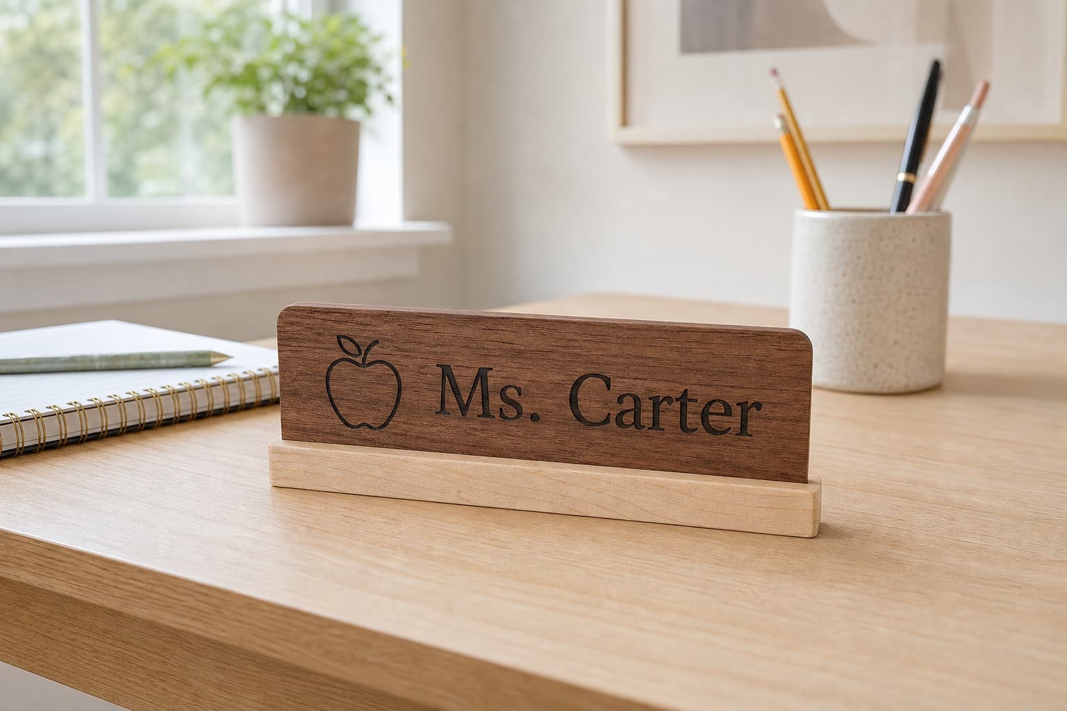 Small walnut desk name sign displayed on a clean office desk