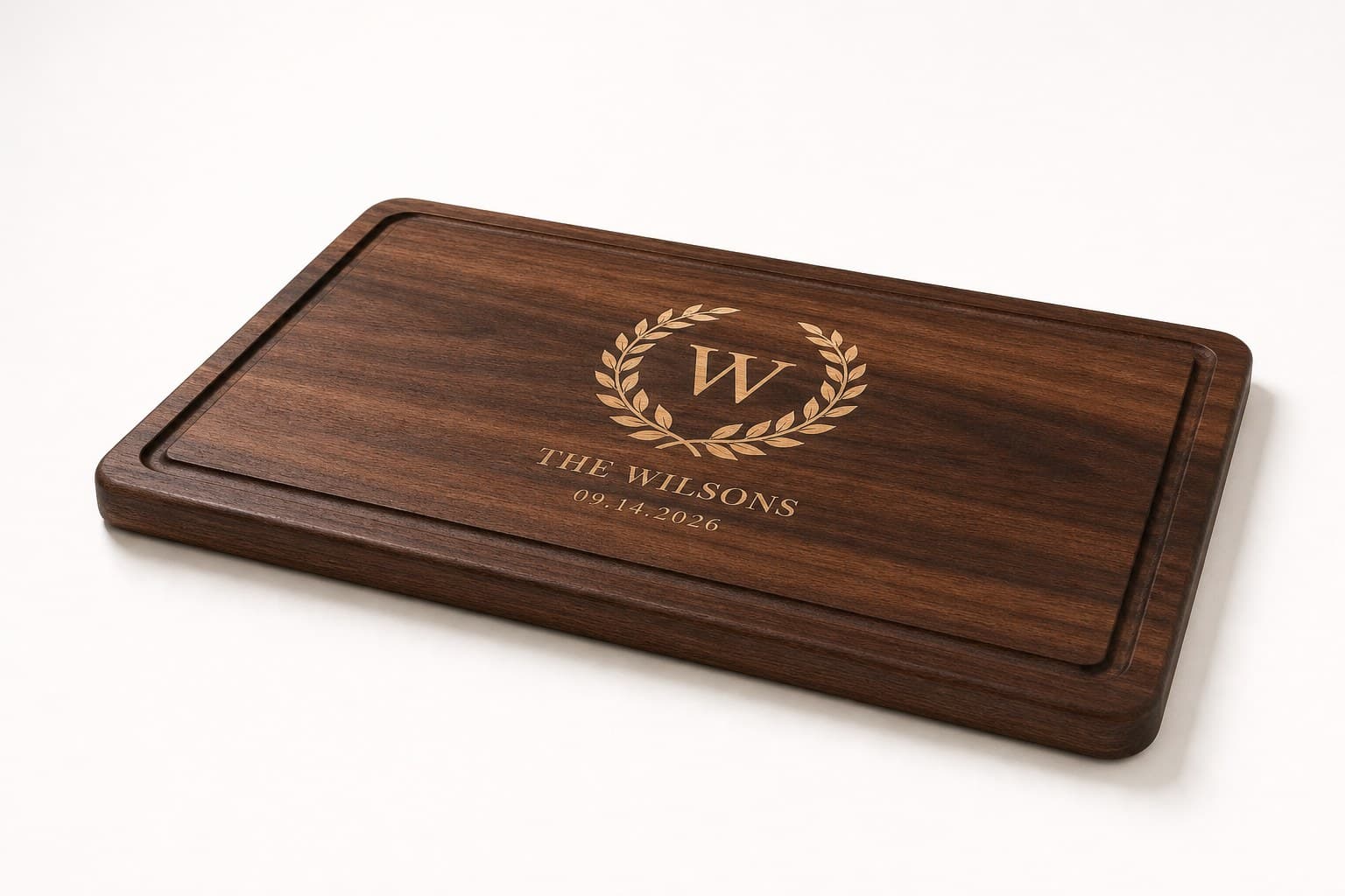 Low side angle showing the thickness and edge profile of Custom Wedding Crest Walnut Board