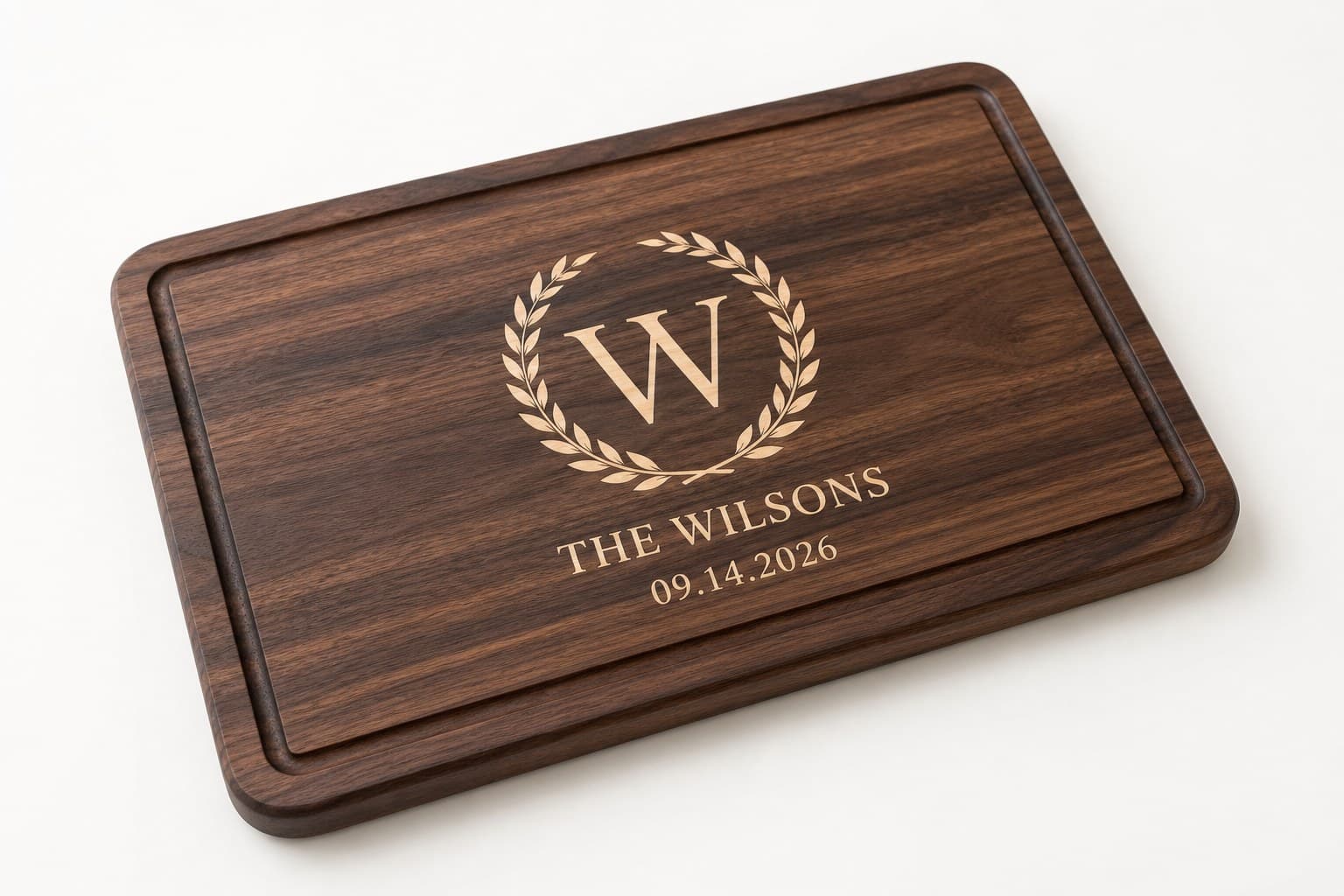 Custom Wedding Crest Walnut Board photographed on a warm white product surface