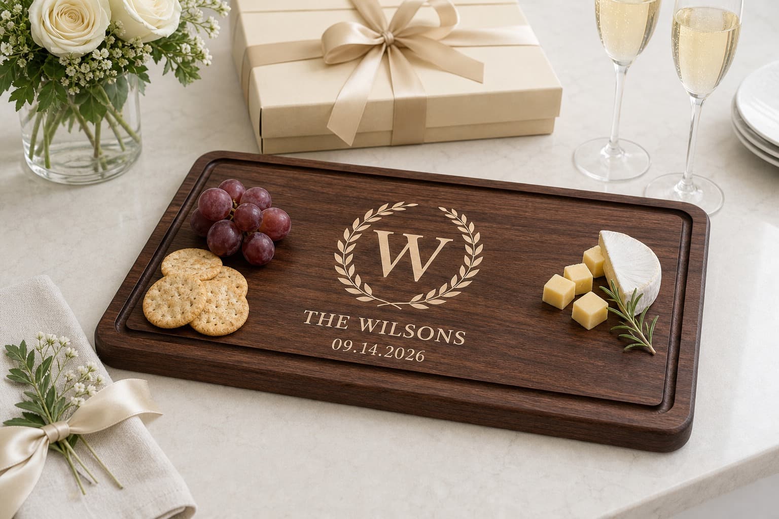 Custom Wedding Crest Walnut Board being used in a realistic kitchen setting