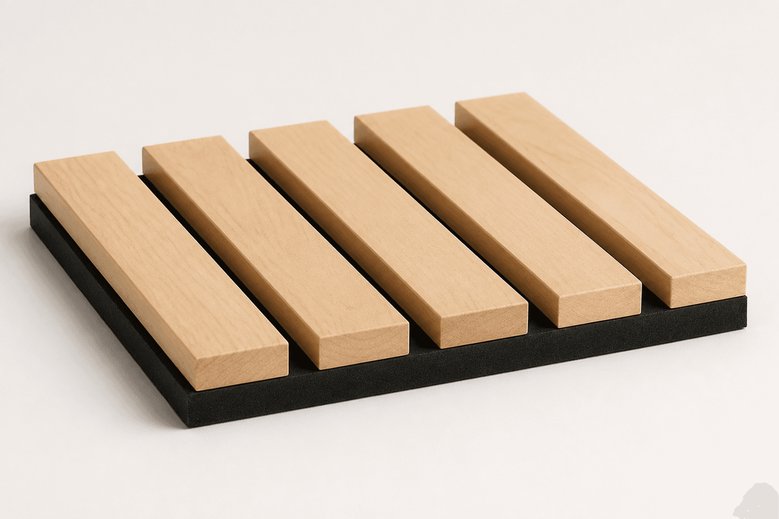 Low side angle showing the thickness and edge profile of One Wood Slat Wall Sample Panel