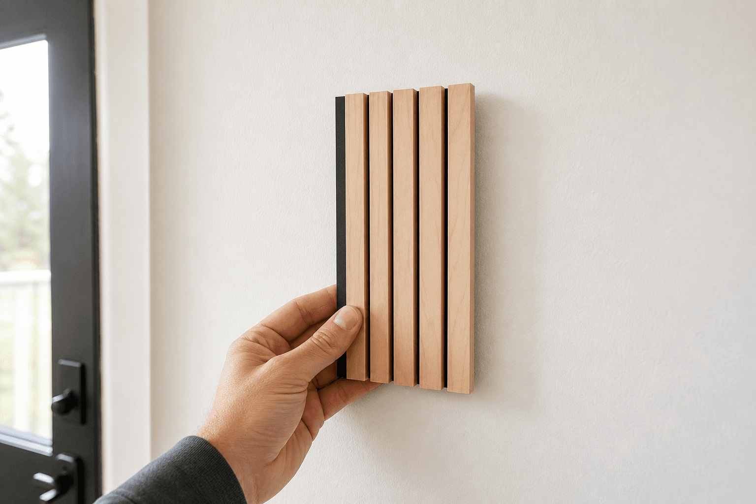 One Wood Slat Wall Sample Panel being used in a realistic kitchen setting