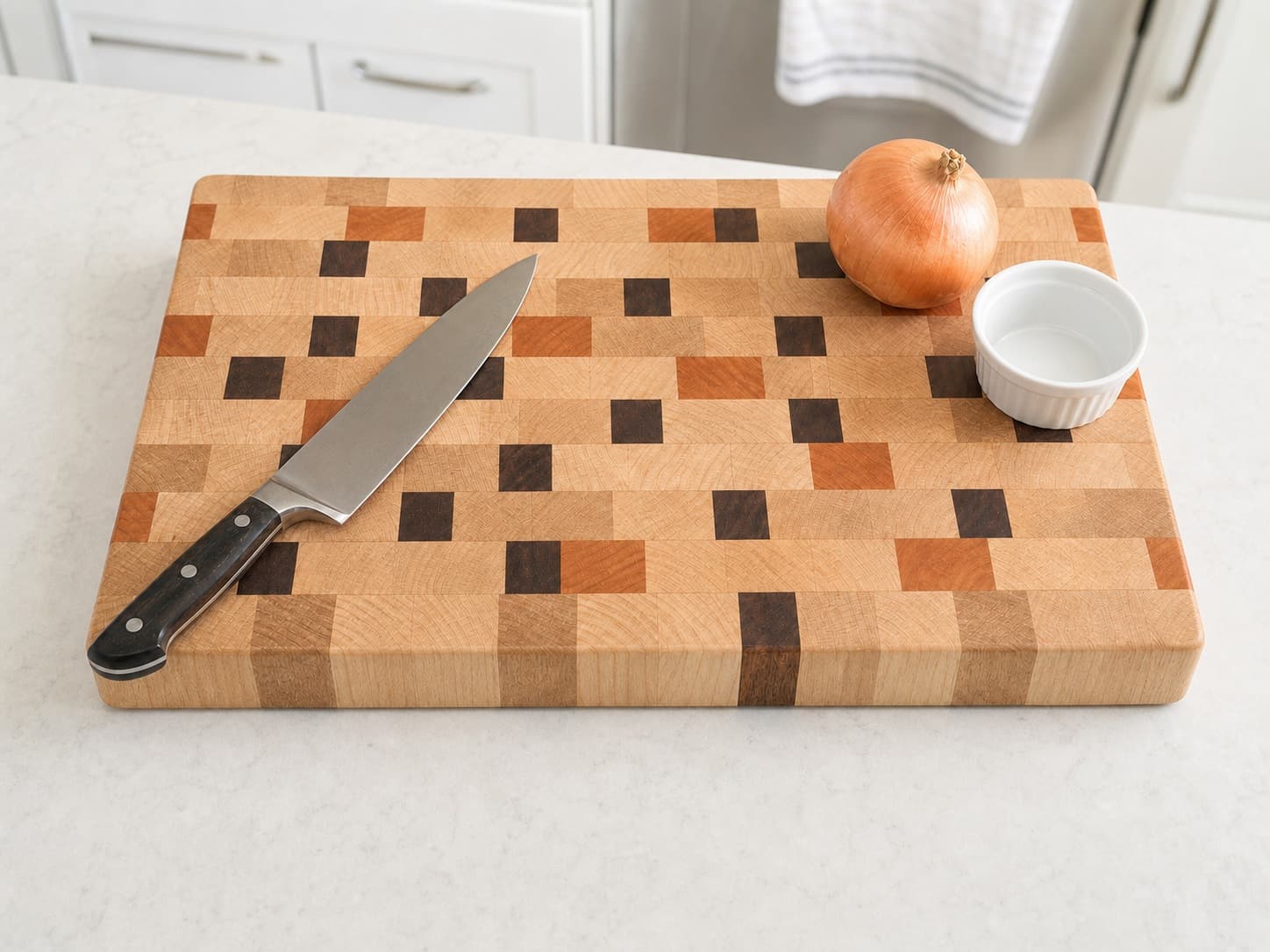 End Grain Chef Block shown with everyday kitchen items for scale