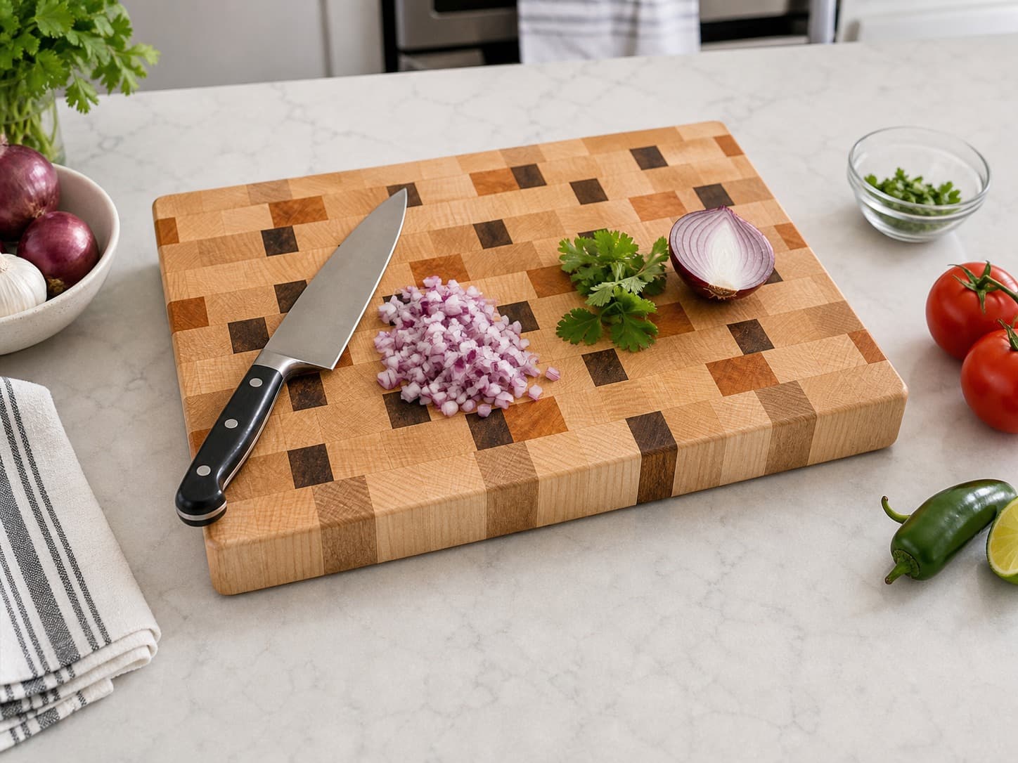 End Grain Chef Block being used in a realistic kitchen setting