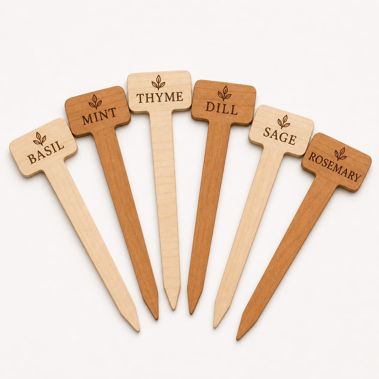 Engraved Wood Plant Marker Set photographed on a warm white product surface