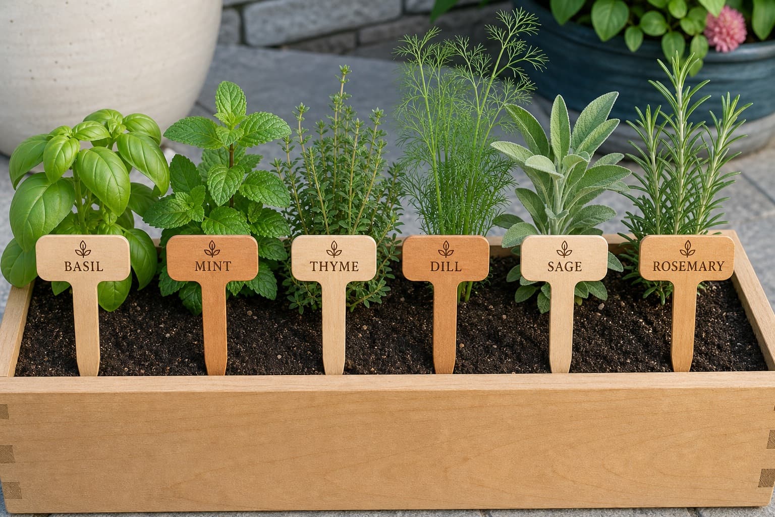 Set of engraved wood plant markers placed in a small herb planter