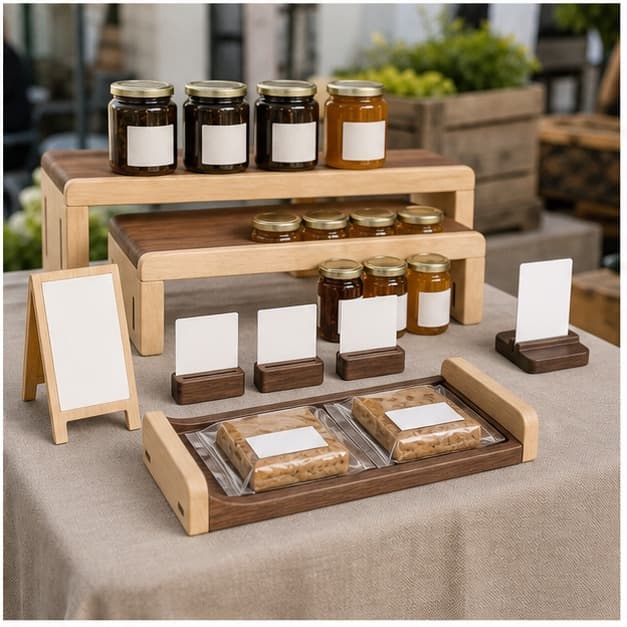 Farmers Market Wood Display Riser Kit being used in a realistic kitchen setting