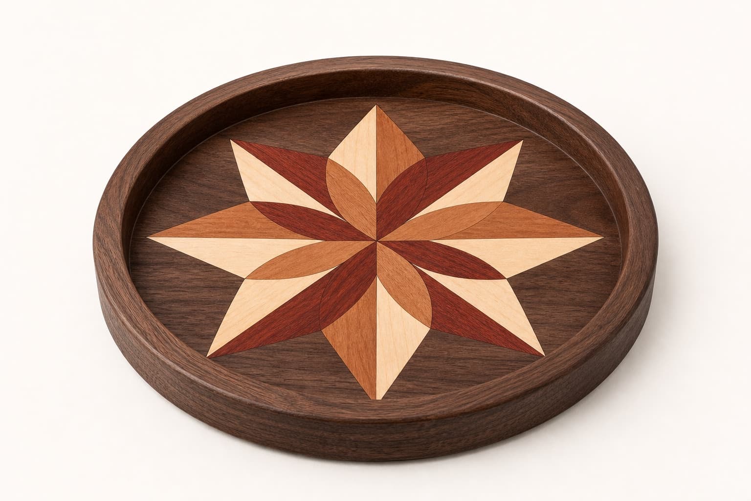Geometric Rosette Walnut Catchall Tray photographed on a warm white product surface