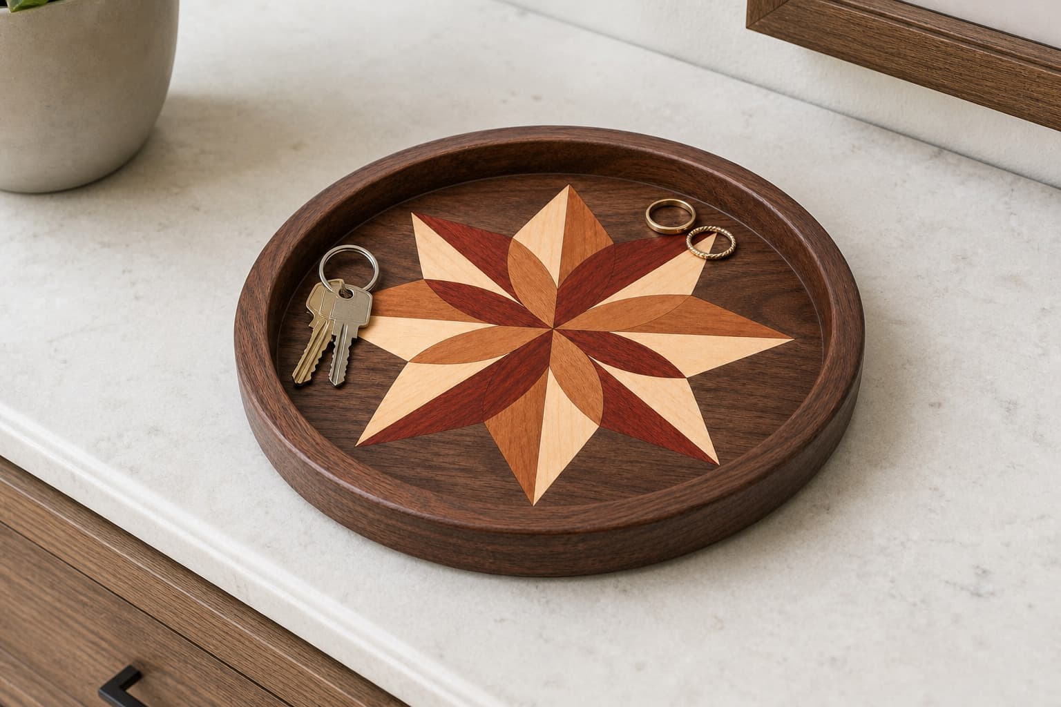 Geometric Rosette Walnut Catchall Tray holding keys and rings on an entry console