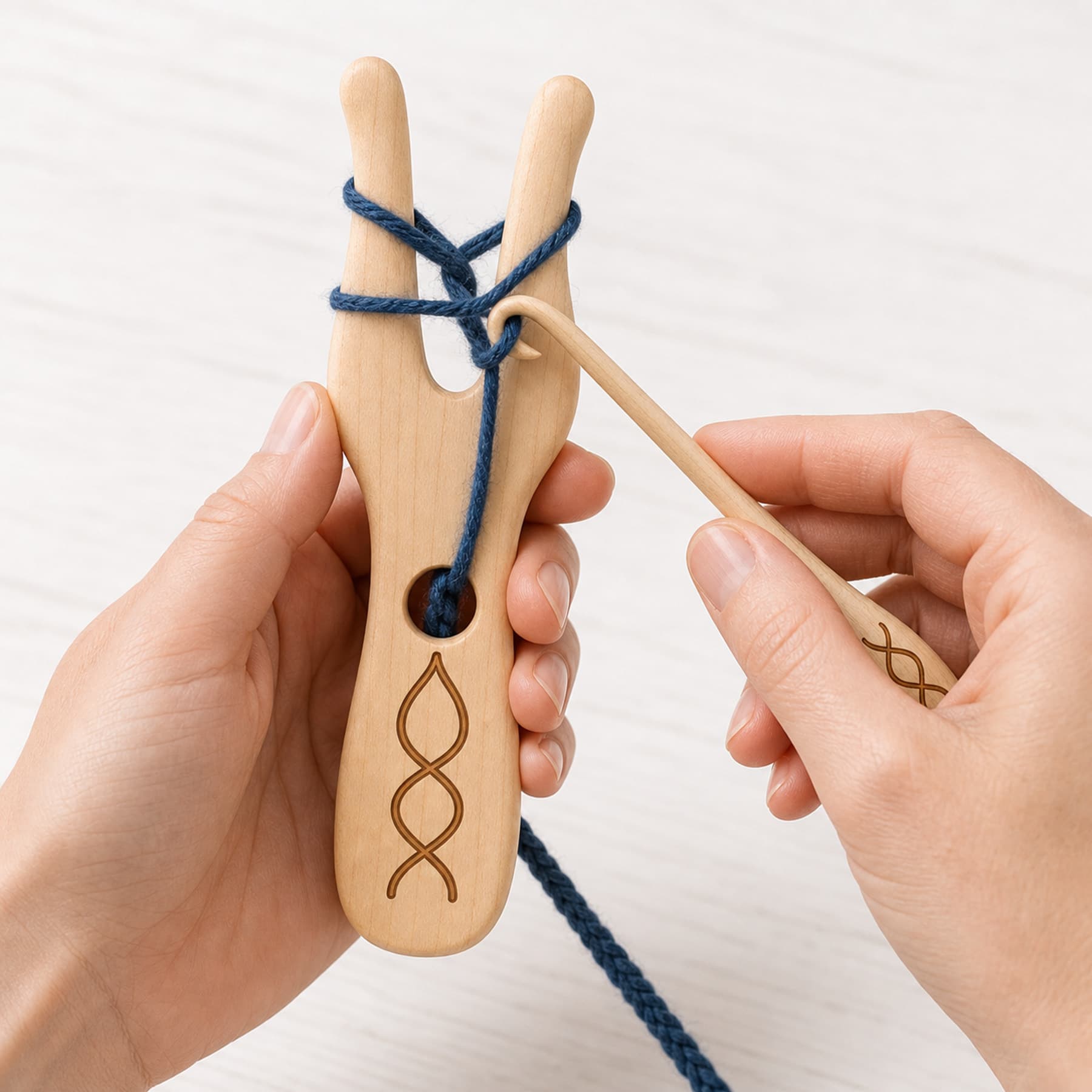 Maple Cordweave lucet set making indigo cord with the included loop lifter