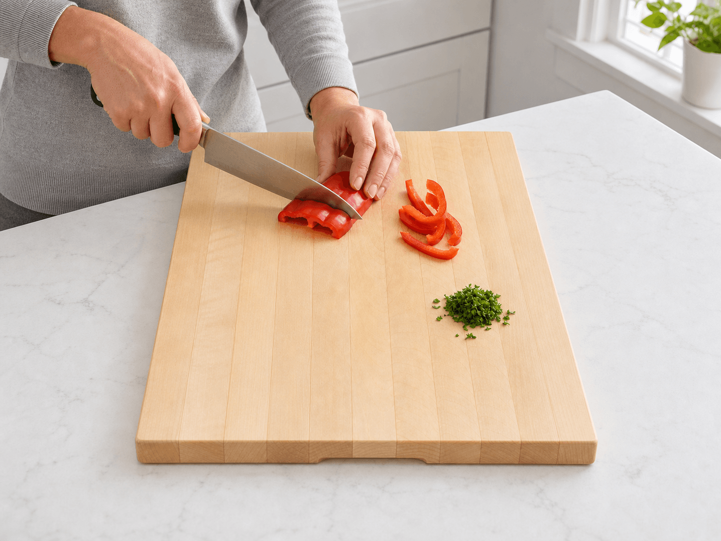 Hard maple board in use for everyday vegetable preparation