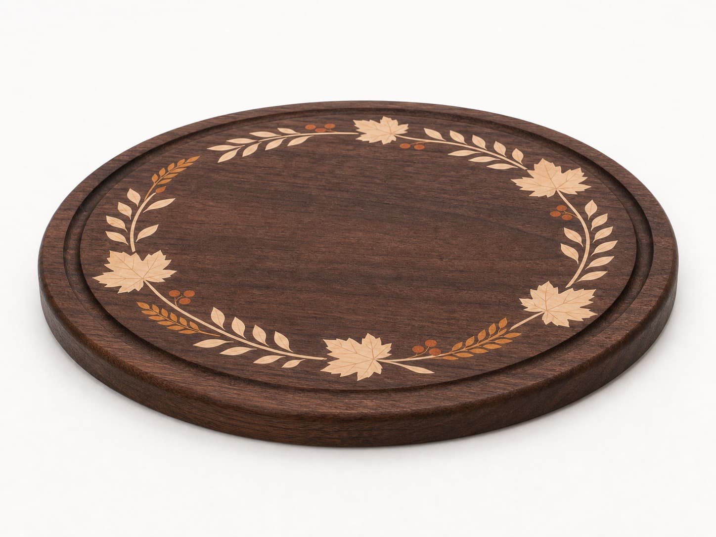 Low side angle showing the thickness and edge profile of Harvest Wreath Round Charcuterie Board