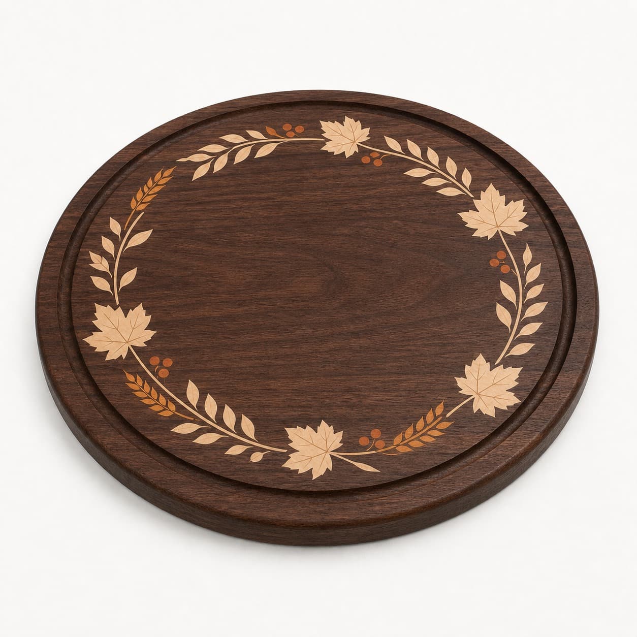 Harvest Wreath Round Charcuterie Board photographed on a warm white product surface