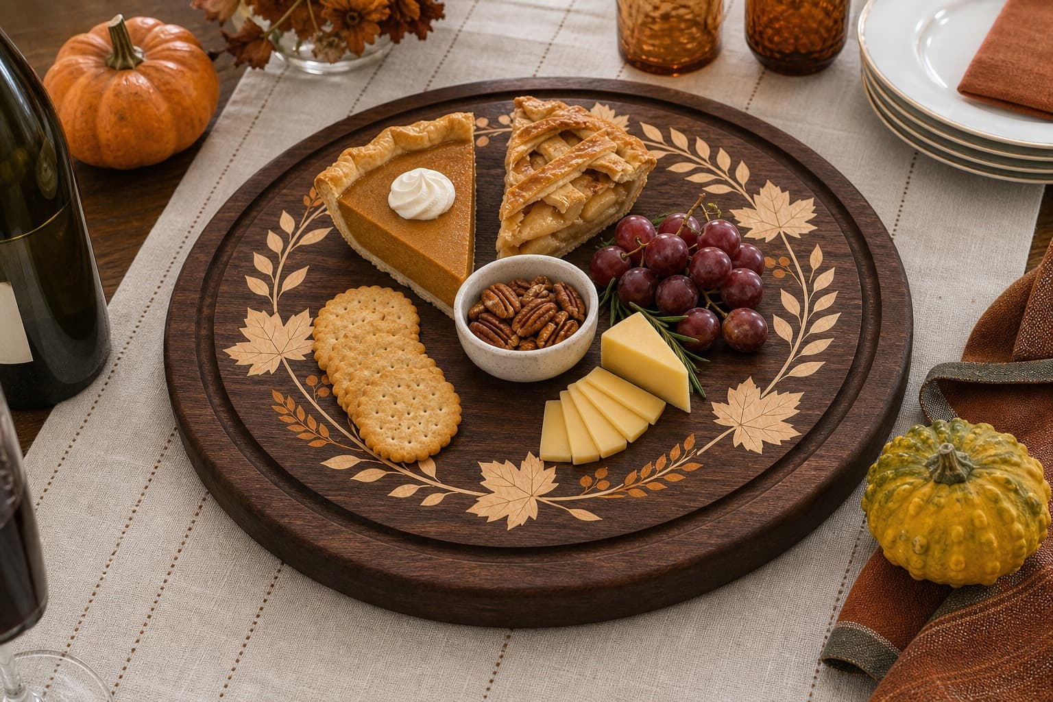 Harvest Wreath Round Charcuterie Board being used in a realistic kitchen setting