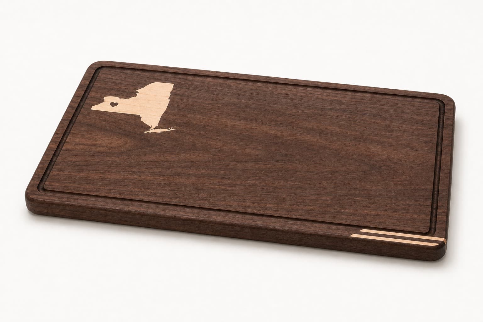 Low side angle showing the thickness and edge profile of Custom Home State Walnut Inlay Board