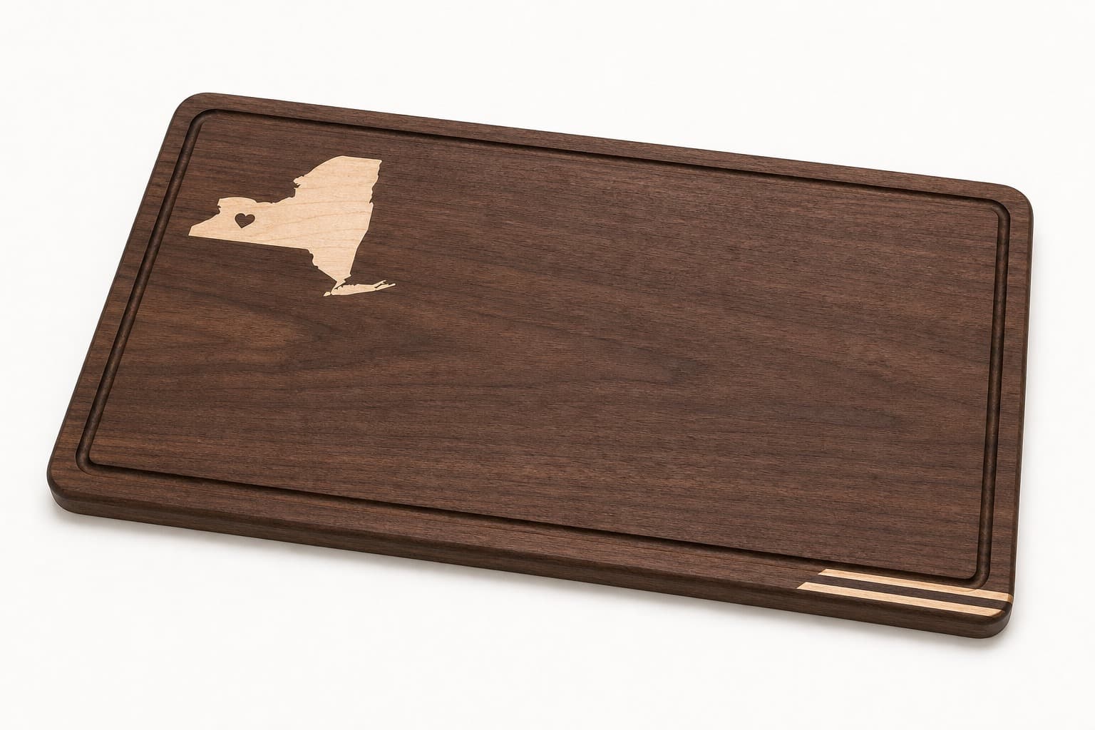 Custom Home State Walnut Inlay Board photographed on a warm white product surface