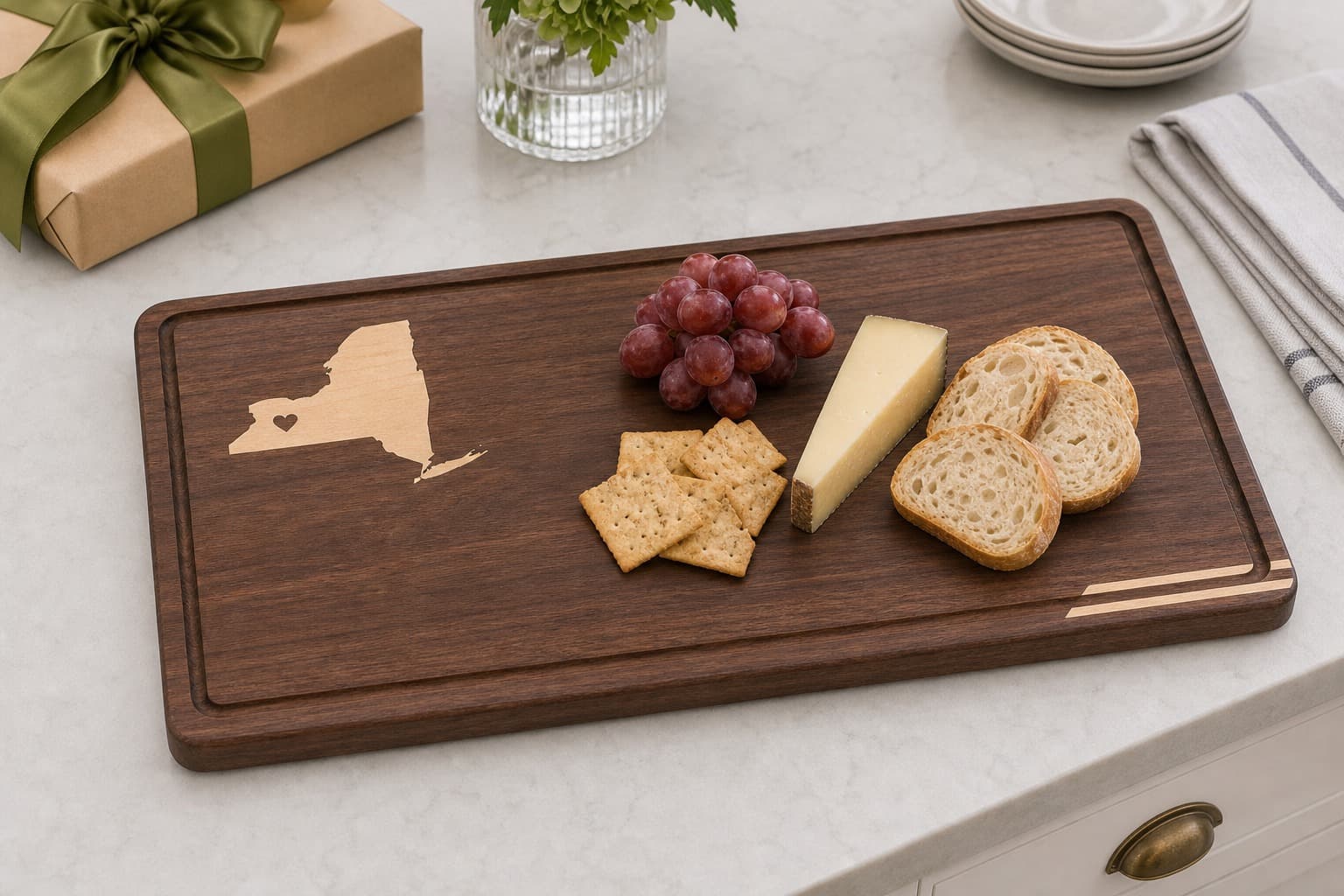Custom Home State Walnut Inlay Board being used in a realistic kitchen setting
