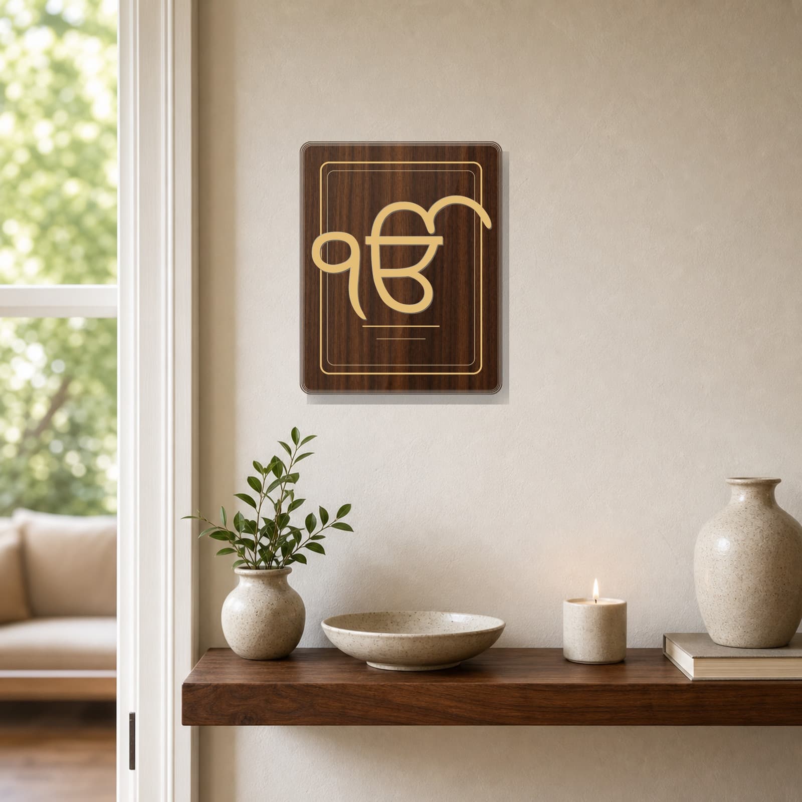 Ik Onkar walnut plaque hanging in a bright entryway