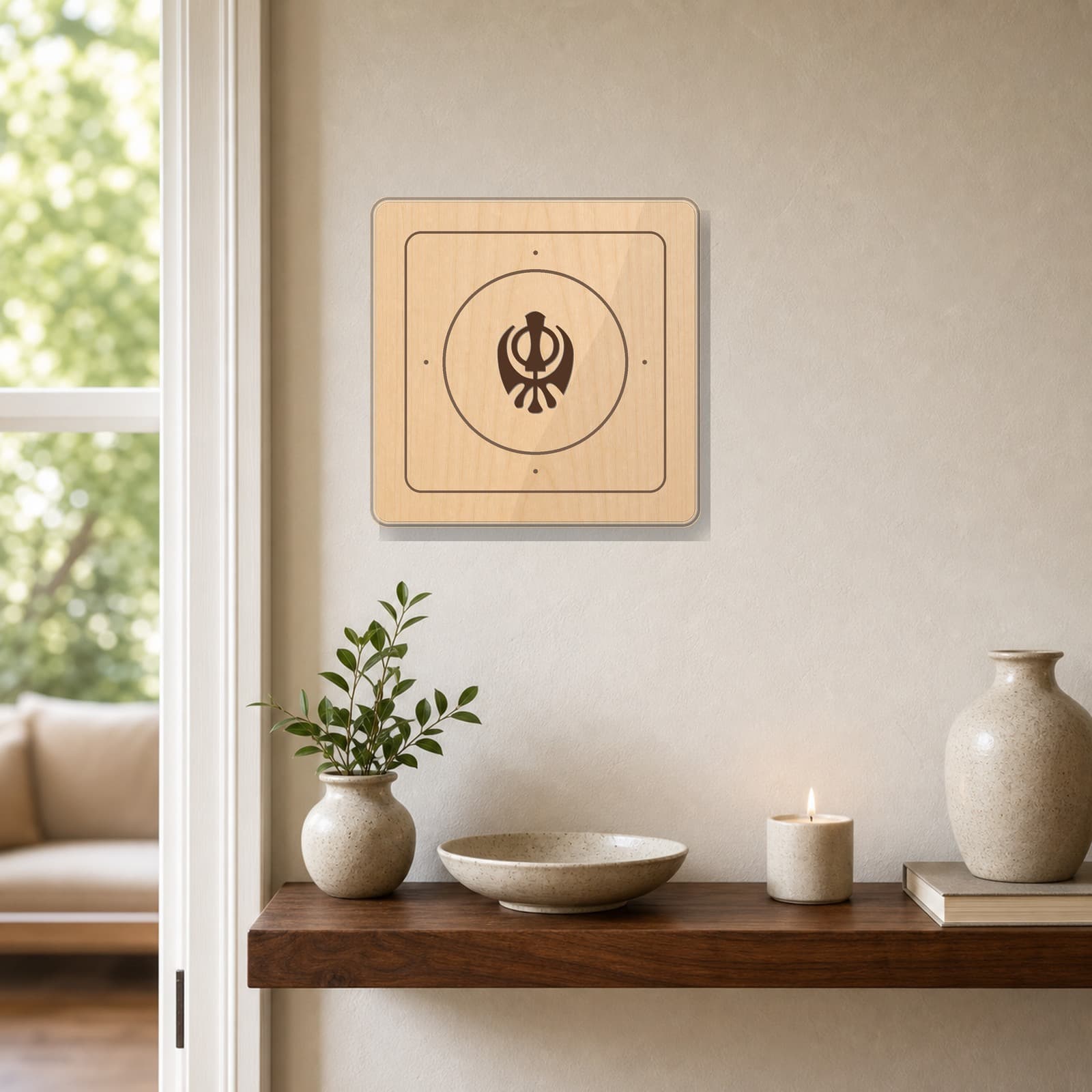 Khanda maple plaque displayed on a warm wall above a small shelf
