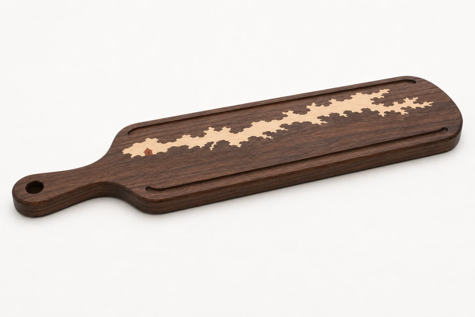 Low side angle showing the thickness and edge profile of Custom Lake House Map Walnut Paddle Board