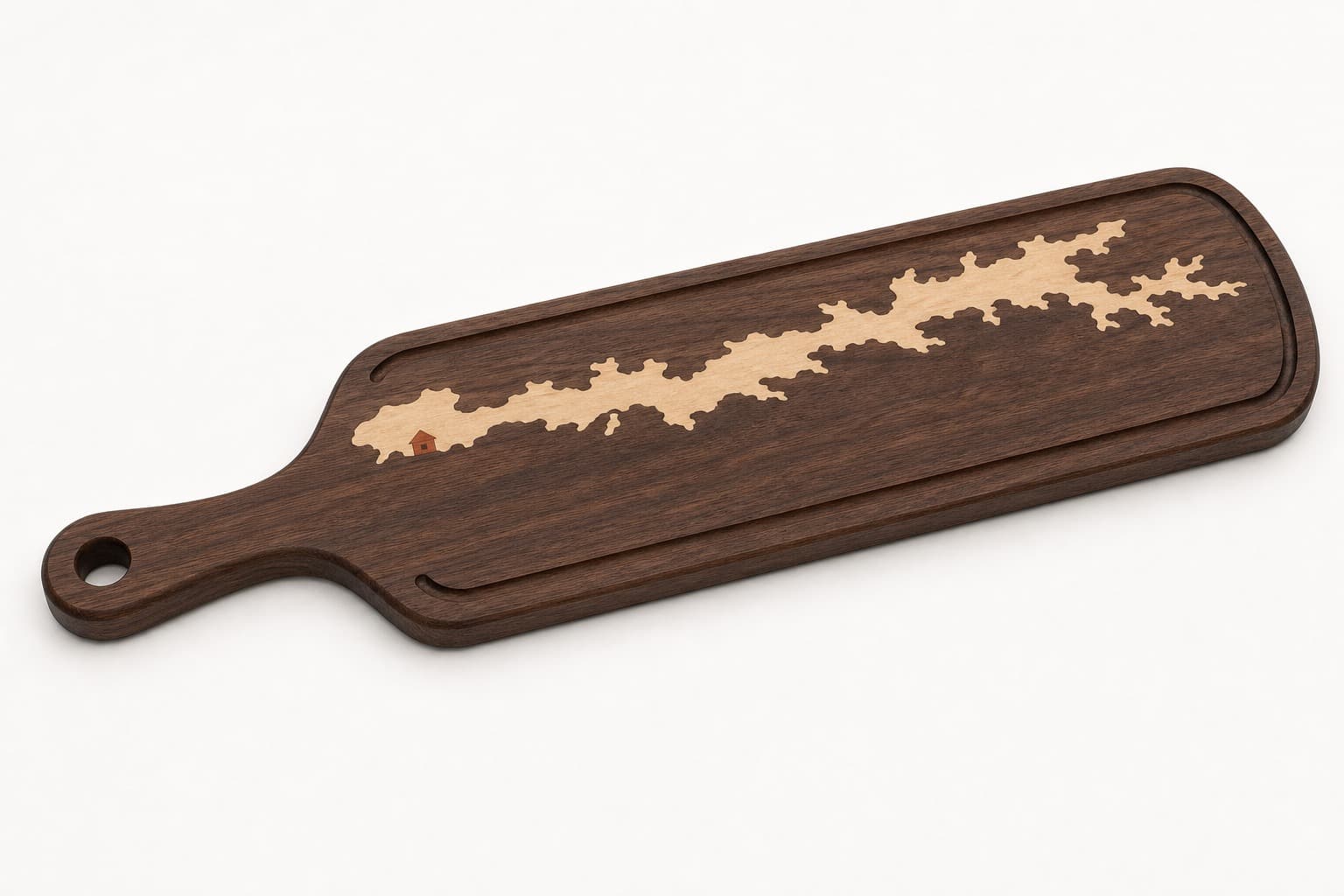 Custom Lake House Map Walnut Paddle Board photographed on a warm white product surface