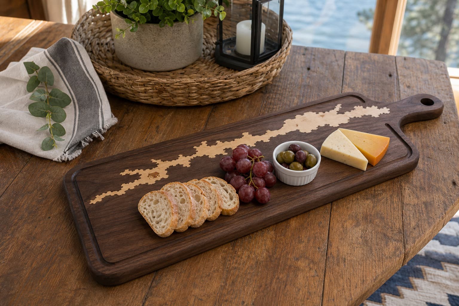 Custom Lake House Map Walnut Paddle Board being used in a realistic kitchen setting