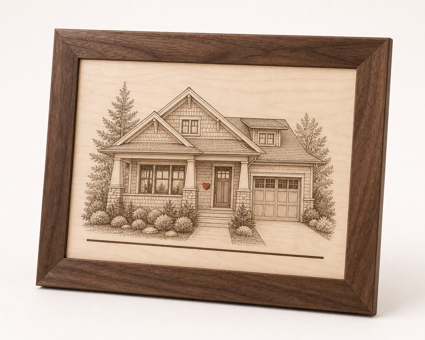 Maple house portrait plaque with a walnut frame and fine laser engraved home illustration