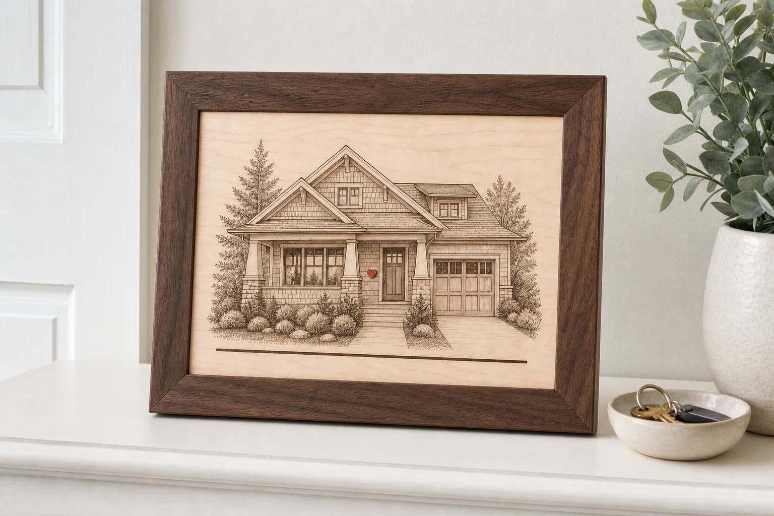 Custom Laser House Portrait Plaque displayed on a bright entry console