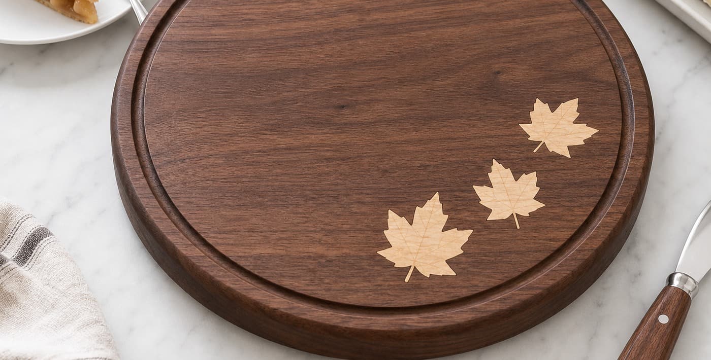 Low side angle showing the thickness and edge profile of Maple Leaf Inlay Round Board