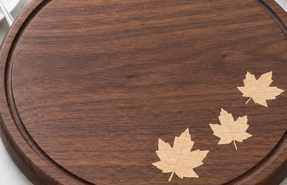 Close grain and material detail of Maple Leaf Inlay Round Board