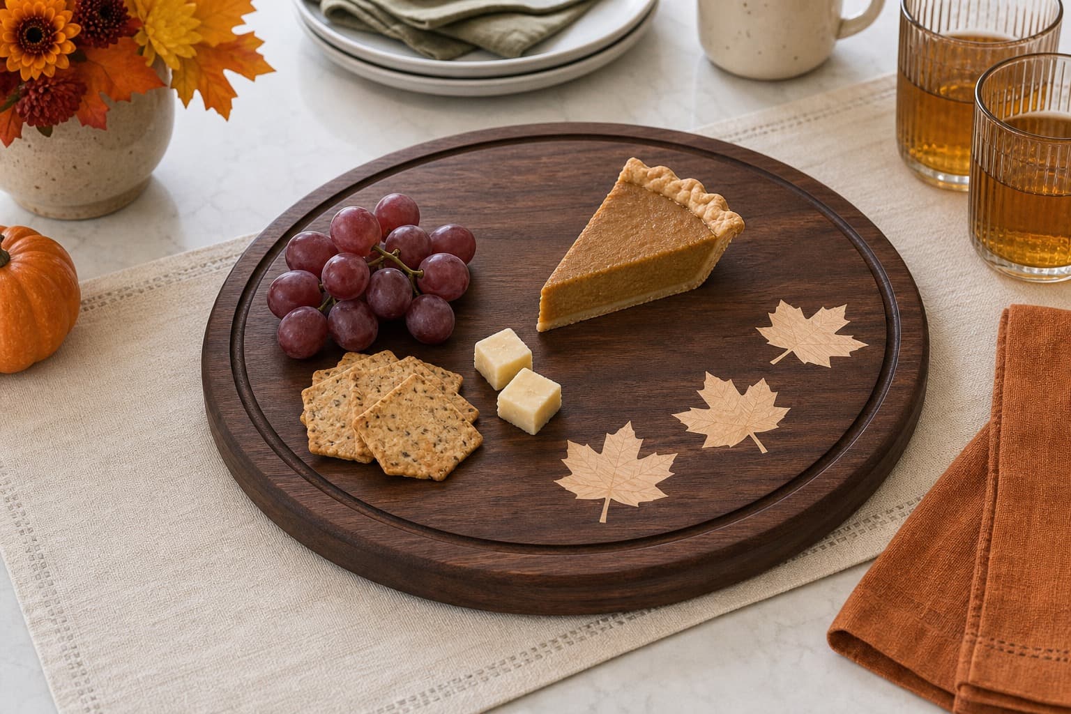 Maple Leaf Inlay Round Board being used in a realistic kitchen setting