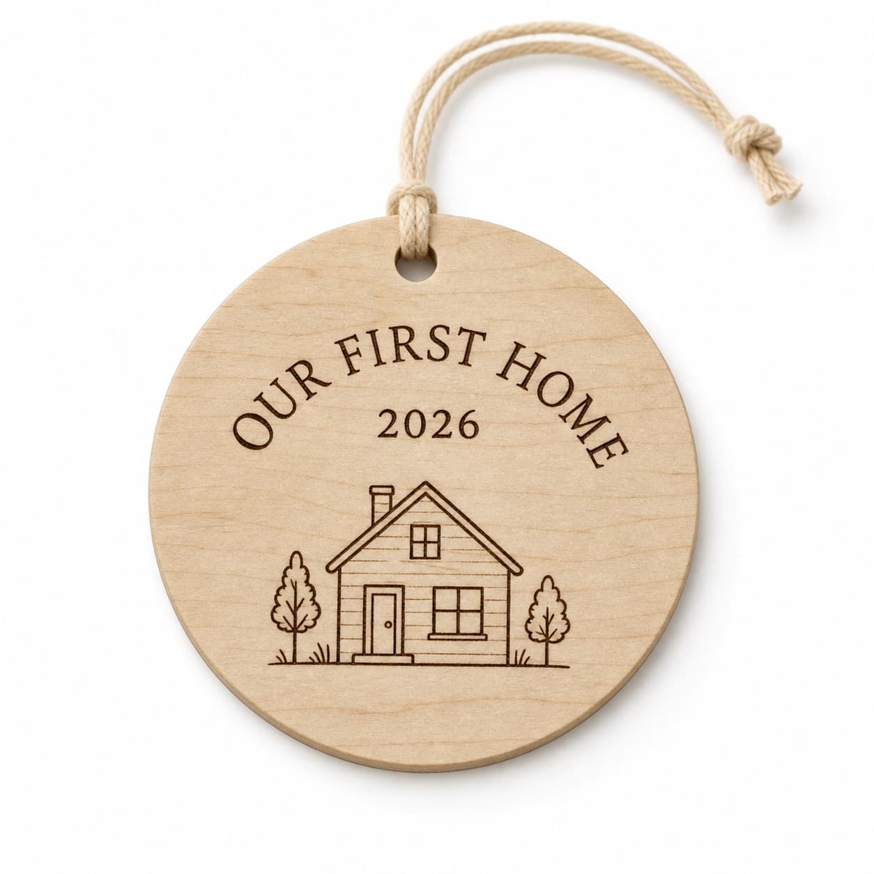 New Home Wood Ornament photographed on a warm white product surface