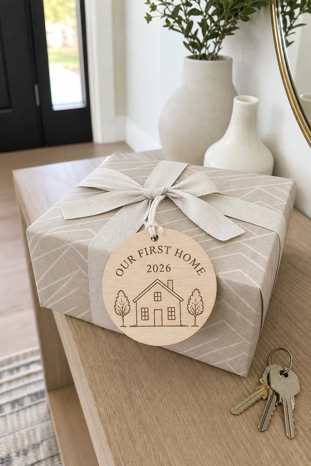 Round maple new home ornament tied onto a wrapped housewarming gift