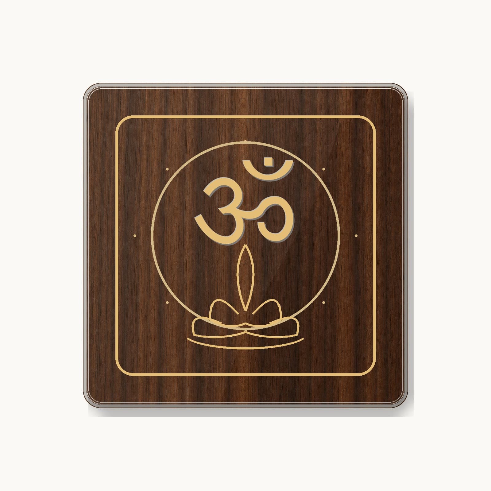 Om Lotus Walnut Wall Plaque photographed on a warm white product surface