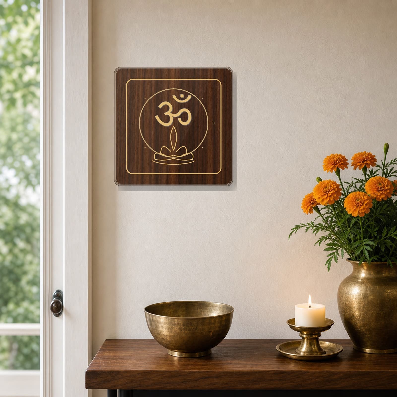Om lotus walnut plaque displayed in a calm home prayer corner
