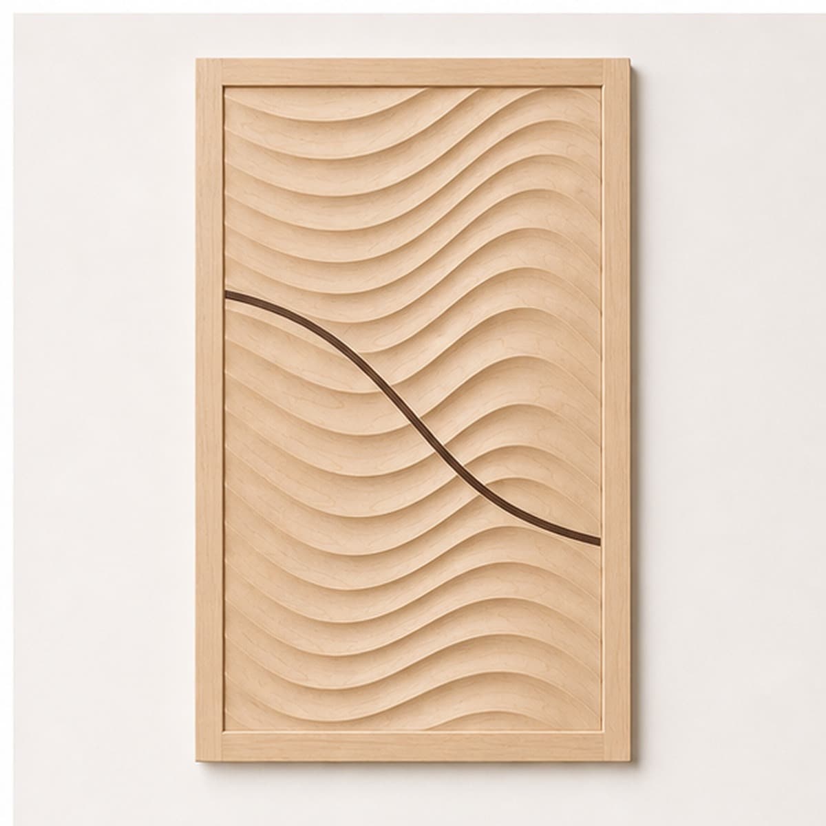 Hard maple island end panel with CNC carved wave relief and walnut inlay line