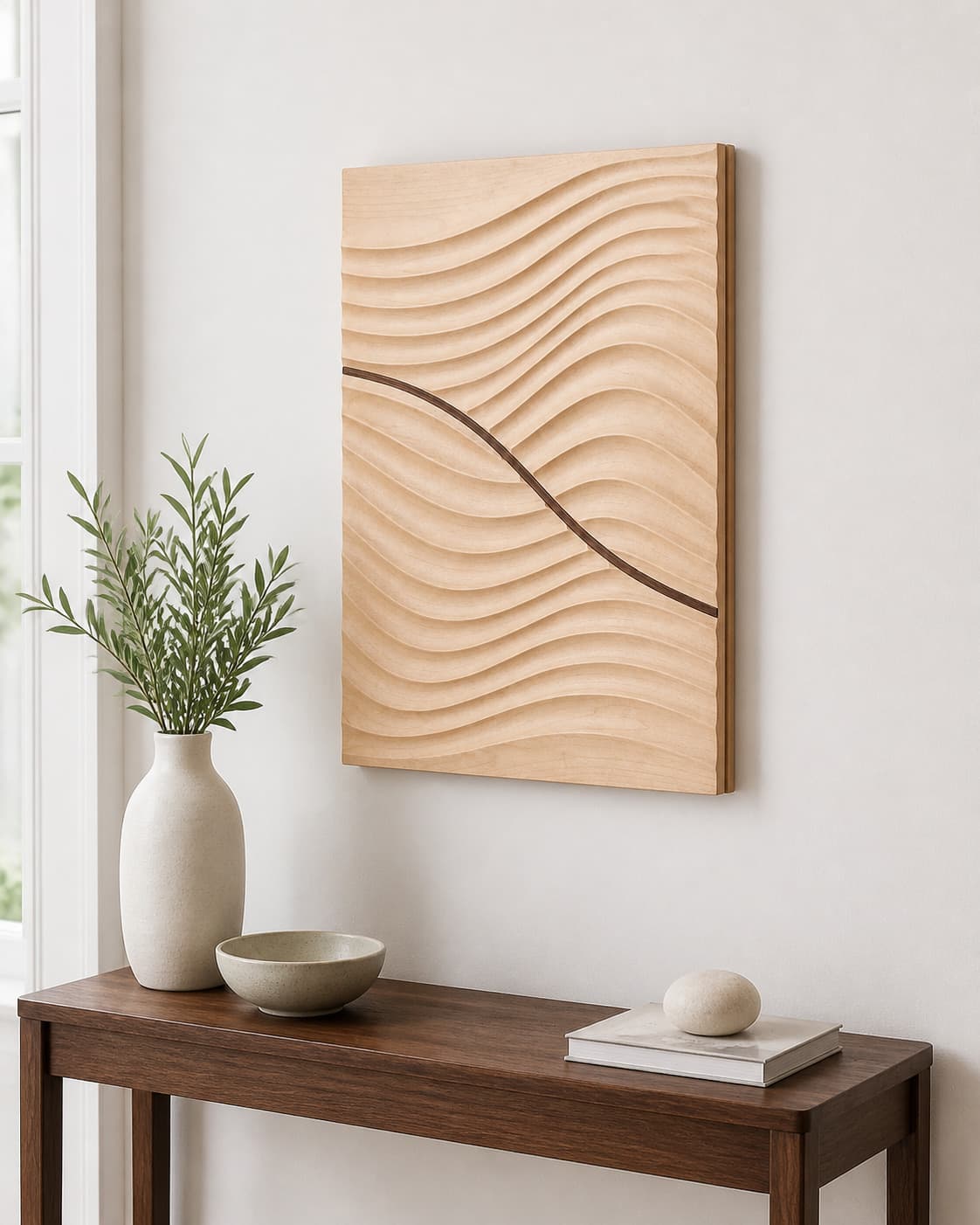 Parametric Wave Maple Wall Panel mounted above a walnut entry console