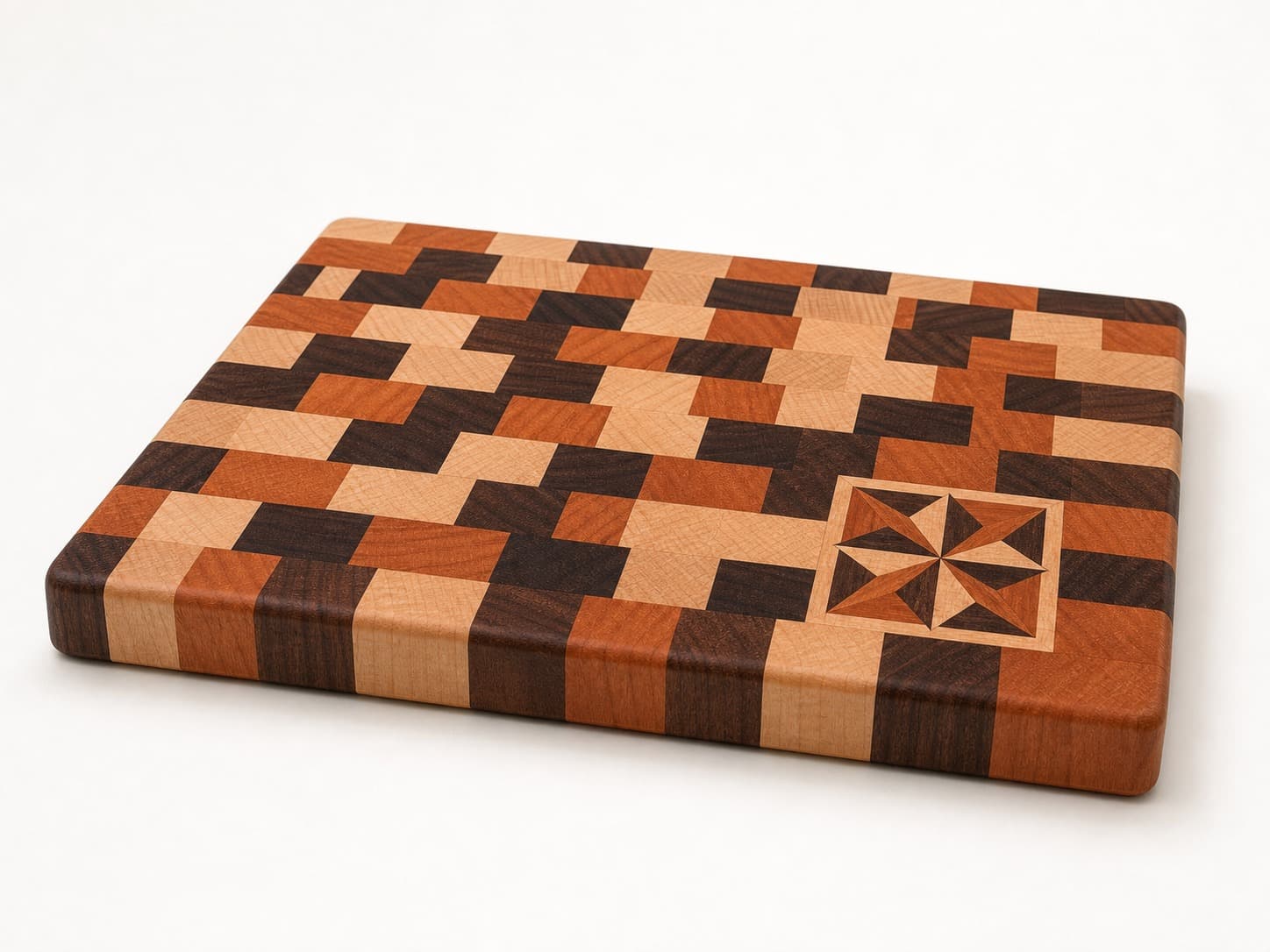 Low side angle showing the thickness and edge profile of Geometric Star Inlay End Grain Chef Block