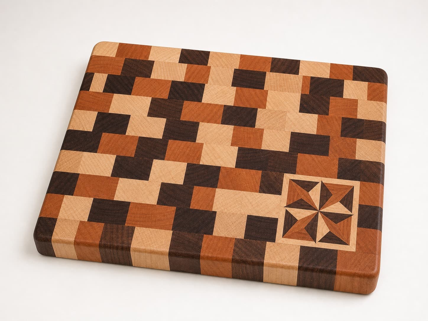 Geometric Star Inlay End Grain Chef Block photographed on a warm white product surface