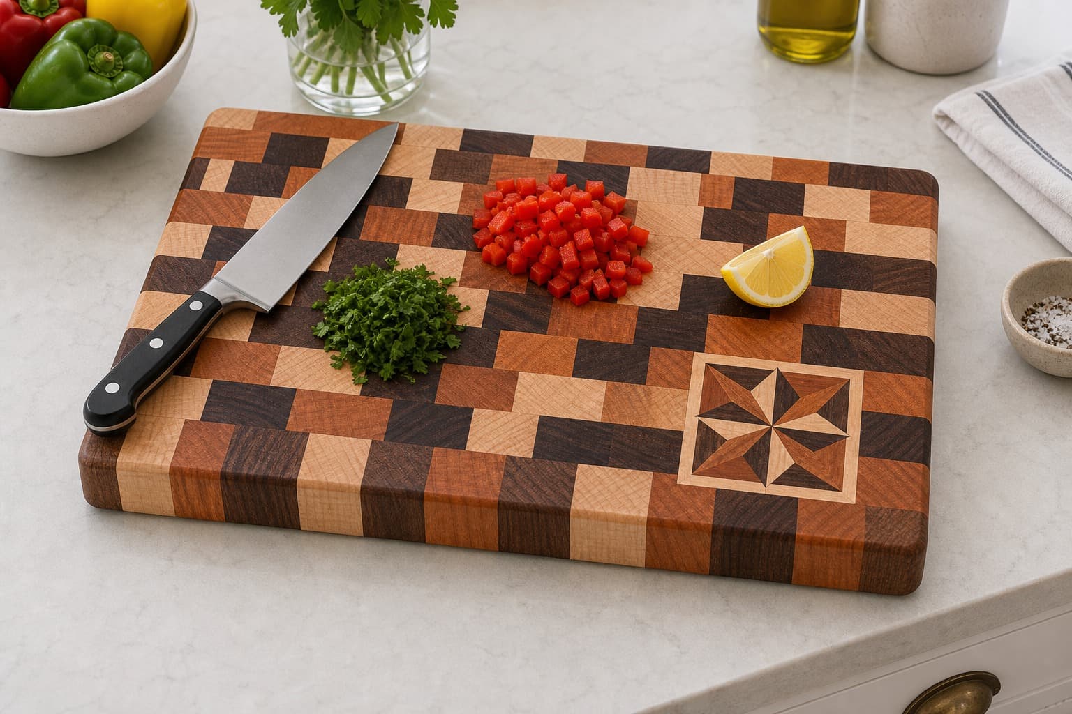Geometric Star Inlay End Grain Chef Block being used in a realistic kitchen setting